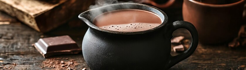 Witchs cauldron mug with steaming hot chocolate, no people, on a dark wooden table