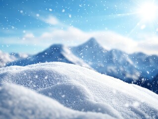 Obraz premium A panoramic view of a winter landscape from a mountain peak, with snow gently falling