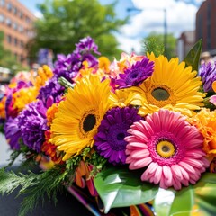 A parade float decorated with vibrant flowers and colorful banners, with onlookers lining the streets