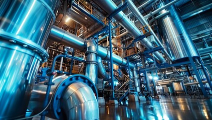 Industrial Interior with Complex Network of Metal Pipes and Structures