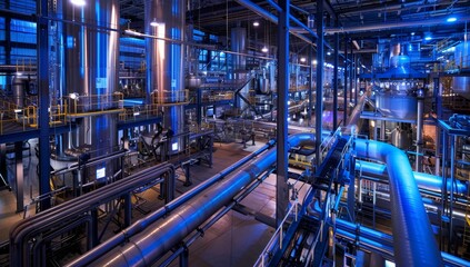 Obraz premium Industrial Factory Interior with Blue Lighting and Piping