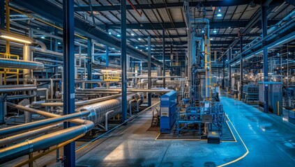 Industrial Facility Interior with Extensive Piping and Machinery