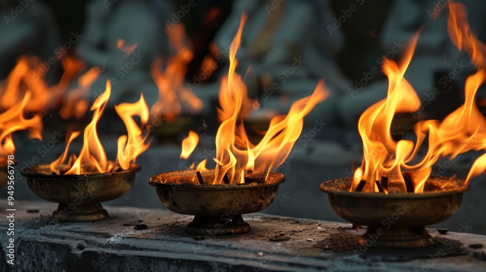 Canvas Prints Flaming incense in a bronze bowl.