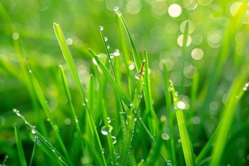 Fototapeta premium Close-up of fresh green grass covered in glistening water droplets, Sparkling dew drops glistening on fresh green grass