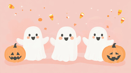 Naklejka premium Cute pastel Halloween card with friendly ghosts and pumpkins, on a light pastel pink backdrop with candy corn.