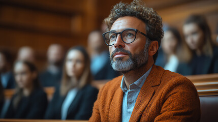 Obraz premium A contemplative man in a courtroom setting, showcasing emotion and focus amid a crowd during a serious legal proceeding.