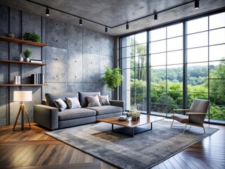 Fototapeta premium a photo image of a modern living room with a minimalistic interior featuring a large glass window and a gray concrete wall