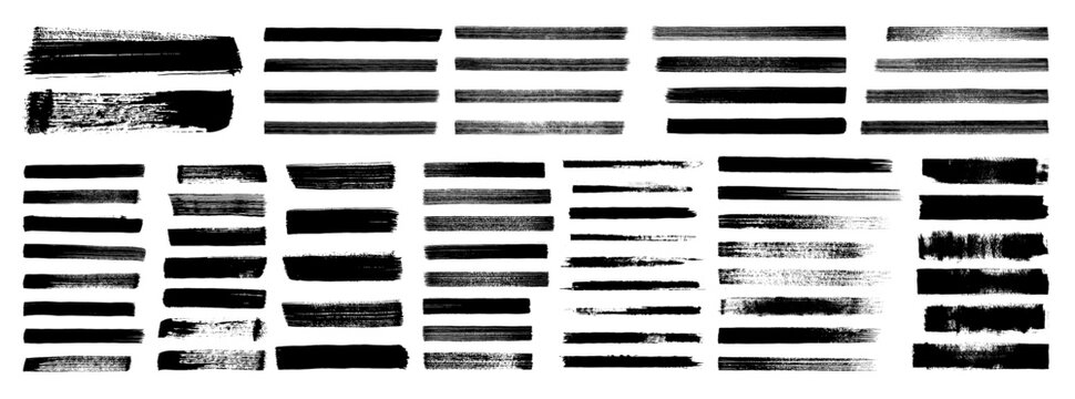 Straight ink vector lines megapack. Black handdrawn brushstroke text boxes. Chinese, Korean, Japanese calligraphy brush stroke bg set. Rough grunge thick gouache paint. Sketchy ink rectangle textboxes