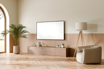 Modern living room with furniture, TV, and natural light. 3d render.