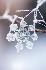  pristine snowflakes forming on a spider's web, creating a delicate winter masterpiece.