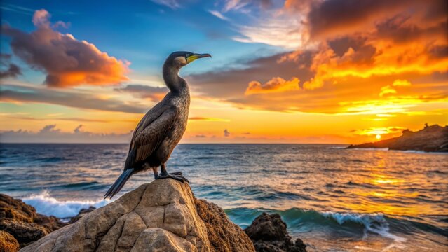 Photo image of a flightless cormorant perched on a rocky outcropping, its webbed feet splayed wide as it gazing out at a vast, serene ocean landscape at sunset.