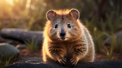 Obraz premium At dusk, an adorable quokka with a smile on its face looks at the camera. Australian wildlife. AI-generated, photorealistic illustration.