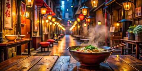 Fototapeta premium Steaming bowl of Tonkotsu Ramen in a cozy, neon-lit Tokyo alleyway shop at dusk, with vibrant Japanese lanterns, rustic wooden tables, and soft, warm lighting.