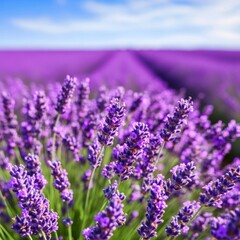 Naklejka premium A scenic view of a lavender field in full bloom, with a soft breeze carrying the fragrance