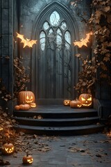 A 3D-rendered Halloween-themed podium with eerie lighting, pumpkins, and cobwebs, leaving ample space for showcasing merchandise.