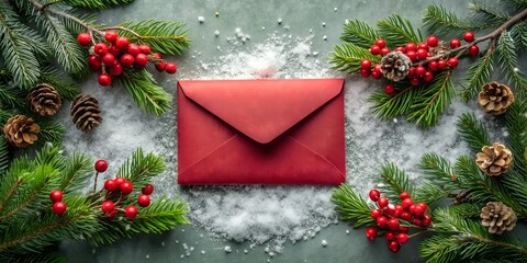 Copy space with a red holiday envelope surrounded by pine branches, berries, and pinecones on a snowy surface. Ideal for Christmas invitations or festive greetings.