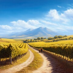 A scenic view of a vineyard during harvest season, with workers collecting grapes