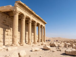 Obraz premium A scenic view of ancient ruins, with tourists exploring and taking photographs