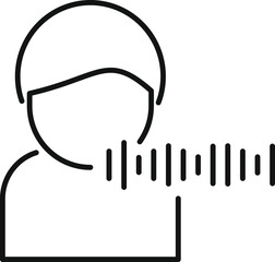 Simple black and white line icon of a person wearing a mask and coughing with a soundwave
