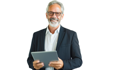 Smiling mature businessman standing isolated on transparent background PNG.