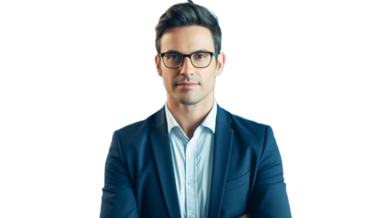 Confident professional executive manager, proud lawyer, confident businessman leader wearing suit on transparent background PNG. 
