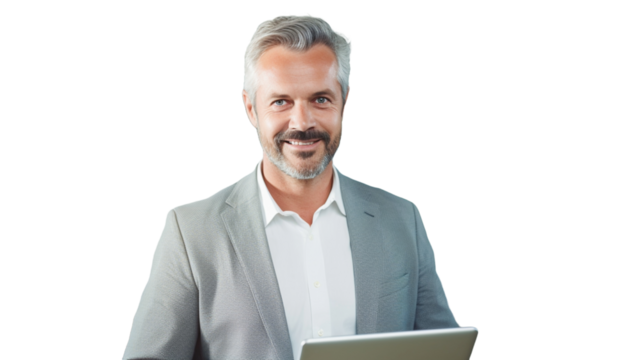 Mature businessman with tablet, smile and research for business website isolated on transparent background PNG.