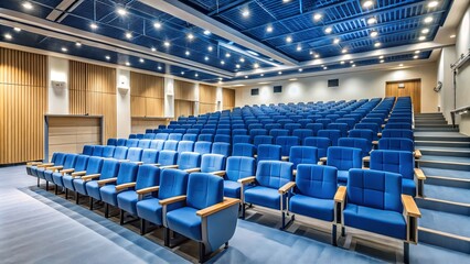 Naklejka premium Cozy auditorium seats an intimate crowd of 25, with soft blue chairs arranged in a warm semicircle on the dark wooden floor.