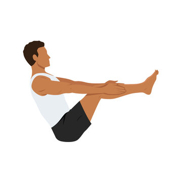 Young man doing half boat pose ardha navasana exercise. Flat vector illustration isolated on white background