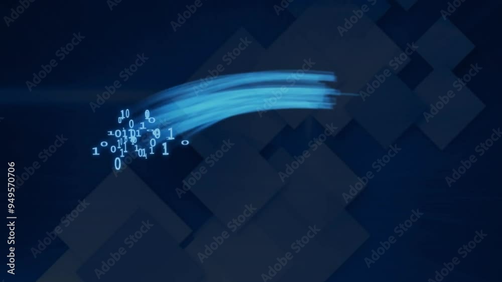 Poster binary code and data flow animation over geometric shapes on dark background