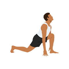 Young man doing equestrian or ashwa sanchalanasana exercise. Flat vector illustration isolated on white background