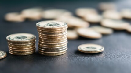 Close-Up of Stacked Coins on a Dark Surface with Blurred Background, Symbolizing Wealth, Savings, and Financial Growth, Ideal for Business, Finance, and Investment Concepts