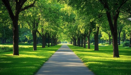 Obraz premium A Paved Path Through a Lush Green Tree-Lined Park