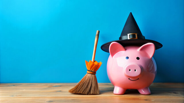 Witch Piggy Bank Savings Halloween Concept.