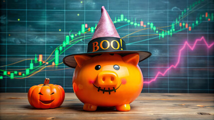 Halloween Piggy Bank And Pumpkin On Stock Market Chart