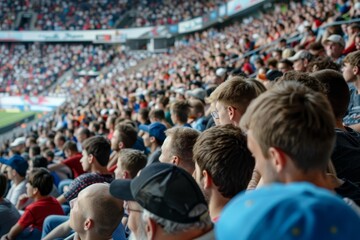 Massive gathering of spectators and fans cheering in a packed stadium, Spectators and fans filling the stands and cheering