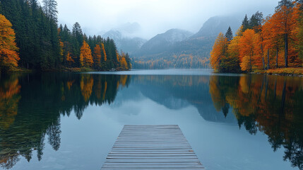 A tranquil autumn morning at a calm lake surrounded by colorful trees and misty mountains