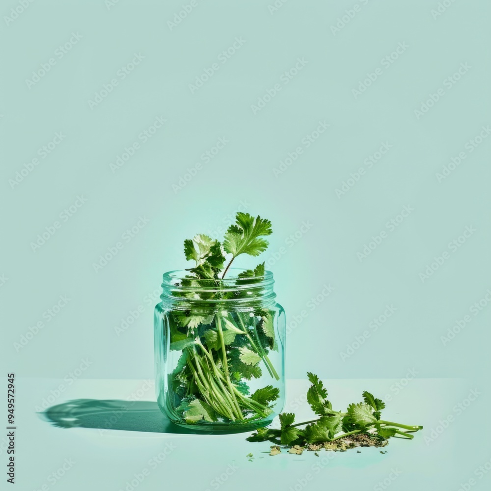 Wall mural Fresh cilantro sprigs in a glass jar on a turquoise background.