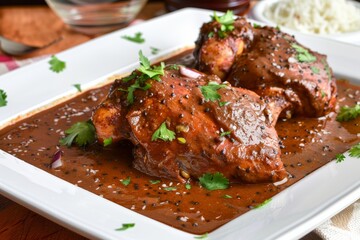 A white plate filled with meat covered in spicy and tangy mole sauce, Spicy and tangy flavors of a classic mole sauce drizzled over tender chicken