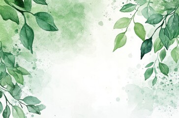 Green Leaves on Watercolor Background, Fresh and Natural Design with Soft Gradient Tones
