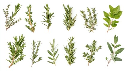 Fototapeta premium Assorted fresh culinary herbs isolated on white background, including rosemary, thyme, and sage, commonly used for flavoring in cooking.