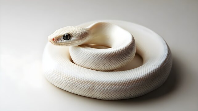 An albino snake coiled elegantly on a neutral, minimalist backdrop
