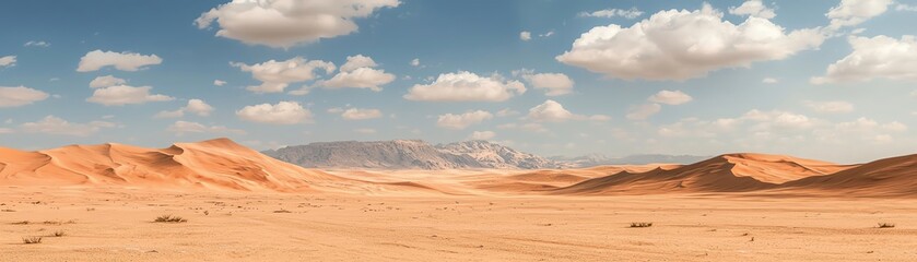 Naklejka premium Vast desert landscape featuring golden sand dunes under a bright blue sky with fluffy clouds, perfect for travel and nature themes.