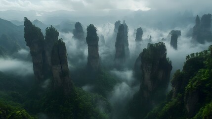Zhangjiajie National Forest Park: The towering sandstone pillars of Zhangjiajie National Forest Park, shrouded in mist and greenery.
