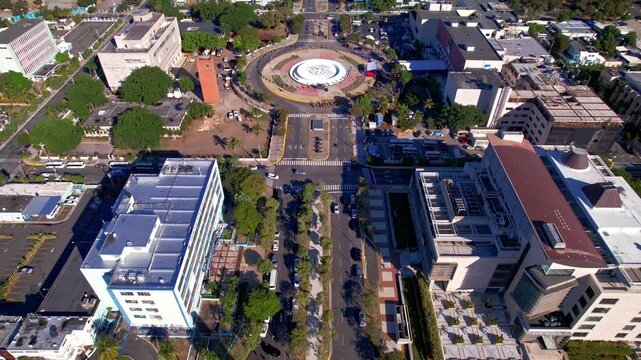 Revealing Aerial from Jim&eacute;nez Moya Avenue Fountain to Centro De Los Heroes Park, Santo Domingo