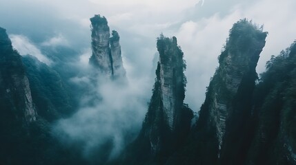 Zhangjiajie National Forest Park: The towering sandstone pillars of Zhangjiajie National Forest Park, shrouded in mist and greenery.
