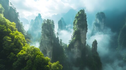Zhangjiajie National Forest Park: The towering sandstone pillars of Zhangjiajie National Forest Park, shrouded in mist and greenery.
