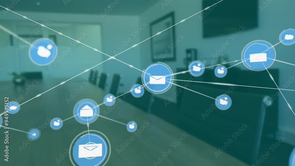 Poster network of connections and data processing animation over modern office setting