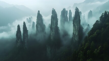 Zhangjiajie National Forest Park: The towering sandstone pillars of Zhangjiajie National Forest Park, shrouded in mist and greenery.
