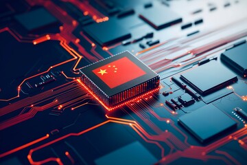 A microchip with the Chinese flag, representing the progress of China technology in AI