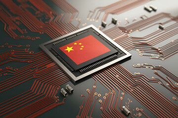 A microchip with the Chinese flag, representing the progress of China technology in AI